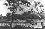 Engraving: Prudhoe Castle viewed across River Tyne
